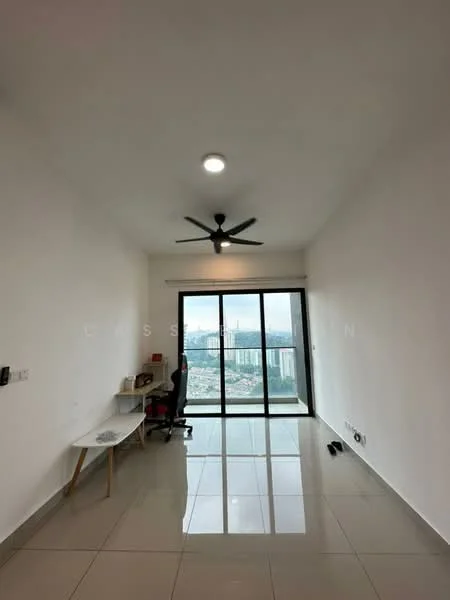 Room features: white painted walls, glossy tile flooring, 5-blade ceiling fan with light, floor-to-ceiling windows, blackout curtains, desk with chair, city skyline view, light fixture; style: modern; view: city.