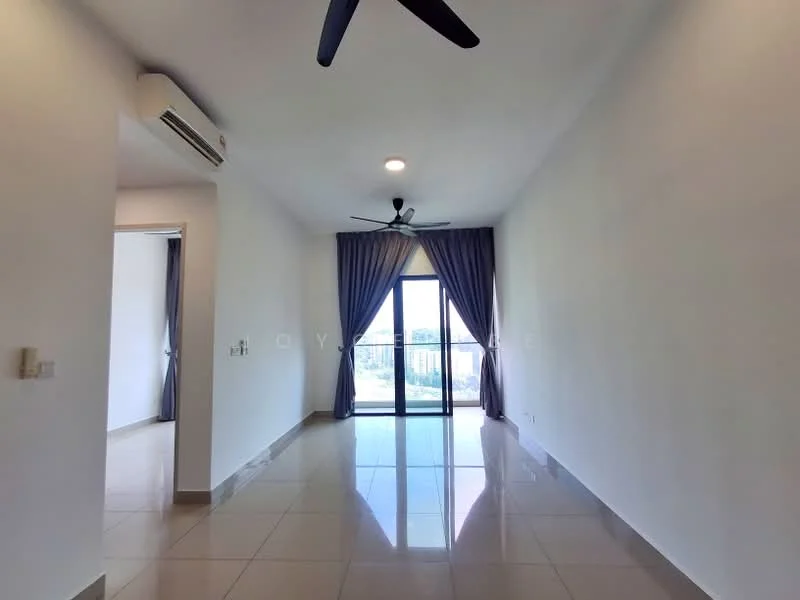 Living features: white painted walls, glossy ceramic tile flooring, 5-blade ceiling fan with light, floor-to-ceiling windows, sliding glass door, curtains in dark blue, air conditioning unit, natural light from window; style: modern; view: city.