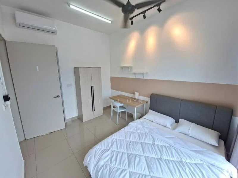 Bedroom features: queen-size bed with grey upholstered headboard, white bedding, white walls, cream accent wall, tile flooring, 1 wall-mounted split AC, ceiling fan, study desk with white chair, built-in wardrobe with wood finish, shelf above desk; style: modern.
