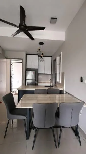 Kitchen features: grey dining table with four chairs, marble tabletop, black cabinetry, white upper cabinets, stainless-steel fridge, built-in oven, single-bowl stainless-steel sink, chrome pull-down faucet, pendant lighting, 5-blade ceiling fan, grey tiled flooring, wall-mounted cabinets, open layout, window with natural light; style: modern.