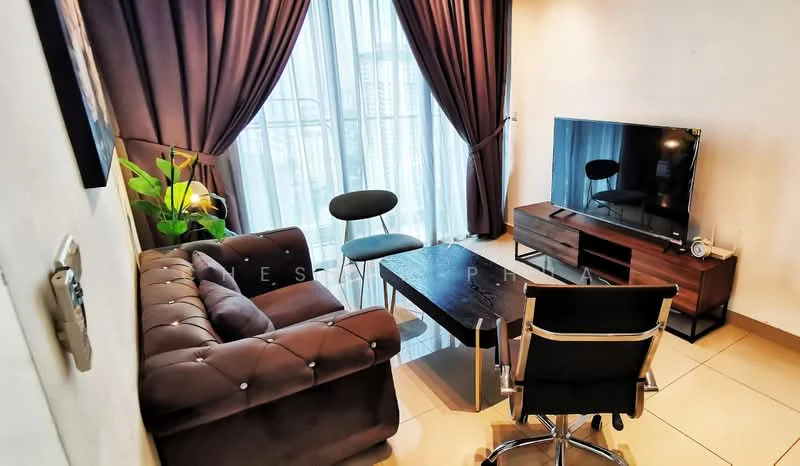 Living features: brown tufted fabric sofa, black dining chair, black office chair, wooden TV console, wall-mounted TV, large floor-to-ceiling windows, sheer curtains, decorative indoor plant, cream tiled flooring, wall with light paint, modern lighting fixture; style: modern; view: city.