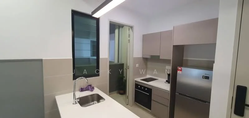 Kitchen features: white countertop, single-bowl stainless-steel sink, chrome pull-down faucet, built-in oven, stainless-steel fridge, ceramic cooktop, light grey cabinetry, tile backsplash, window with green view, recessed lighting; style: modern.