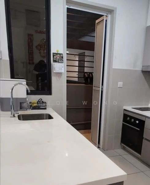 Kitchen features: single-bowl stainless-steel sink, chrome pull-down faucet, white laminate countertop, built-in oven, freestanding range oven, ceramic tile backsplash, white tiled walls, grey cabinetry, floor-to-ceiling window, tile flooring; style: modern.