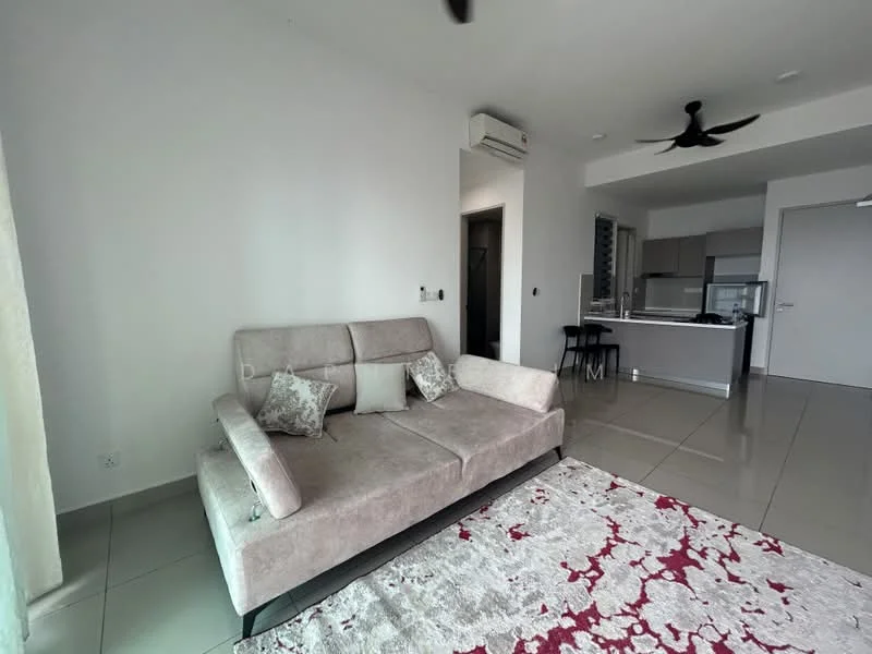 Living features: 3-seater fabric sofa in light grey, area rug with red and cream pattern, floor-to-ceiling windows, sliding glass door, wall-mounted split AC, ceiling fan with light, neutral painted walls, tile flooring; style: modern. Kitchen features: kitchen island with seating, stainless-steel appliances, open-plan layout; style: modern.