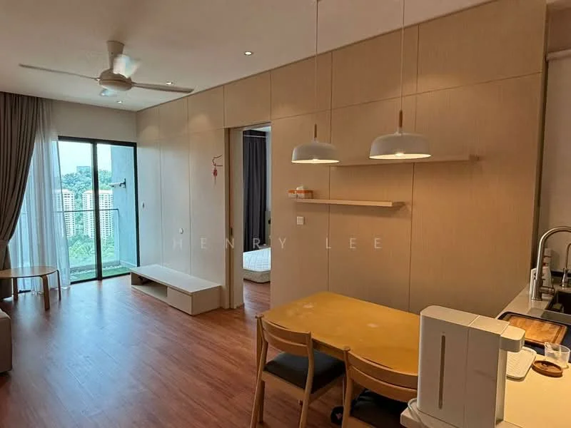 Living features: wooden flooring, floor-to-ceiling windows, sliding glass door, ceiling fan, light wood panelled walls, dining table with two chairs, shelf mounted on wall, sofa, curtains, view of greenery; style: modern; view: garden. Room features: grey wall, bed visible in background.