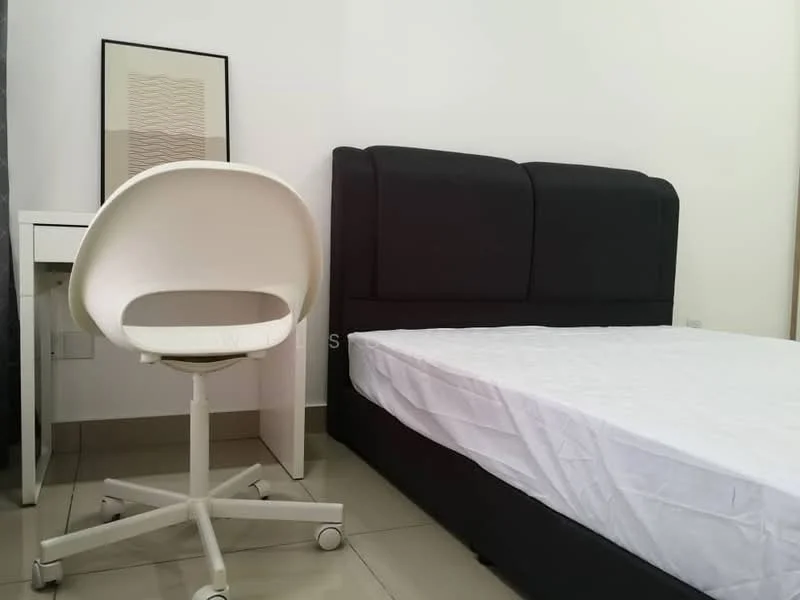 Bedroom features: queen-size bed with upholstered headboard, white bed linens, white desk with chair, ergonomic office chair on wheels, grey curtains, cream painted walls, tile flooring, minimalist decor; style: modern.