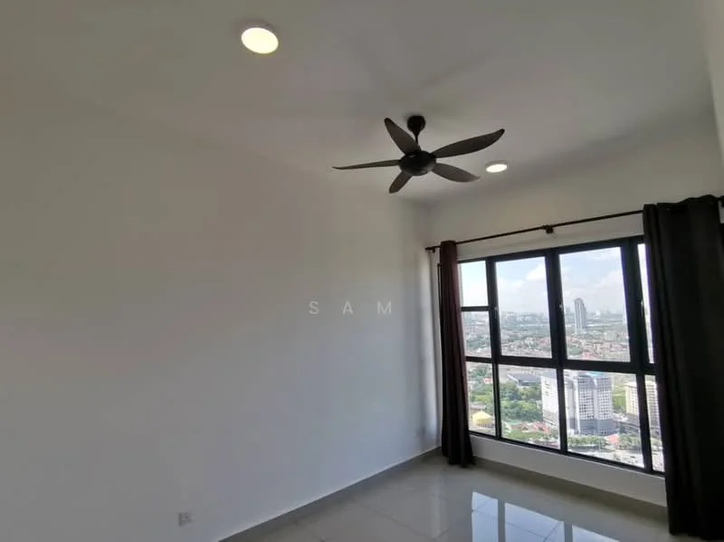 Room features: white painted walls, grey tiled flooring, 5-blade ceiling fan, floor-to-ceiling windows, blackout curtains, city view; style: modern; view: city.