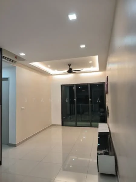 Living features: white painted walls, polished ceramic tile flooring, recessed downlights, 5-blade ceiling fan with light, floor-to-ceiling windows, sliding glass door, TV console, wall-mounted TV, decorative wall panel, open layout; style: modern; view: city.
