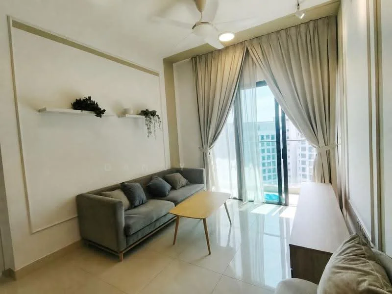 Living features: grey fabric sofa, wooden coffee table, floor-to-ceiling windows, sheer curtains, white painted walls, glossy tile flooring, ceiling fan, decorative wall shelf, indoor plants, natural light, view of city skyline; style: modern; view: city.