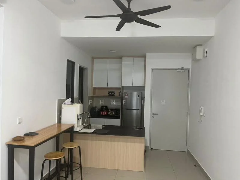 Kitchen features: white painted walls, light grey tiled flooring, 5-blade ceiling fan in black, kitchen island with wooden countertop, bar stools, stainless-steel fridge, built-in oven, stainless-steel sink, chrome pull-down faucet, white upper cabinets, wooden lower cabinets, black countertop, microwave, wall-mounted kitchen appliances; style: modern.