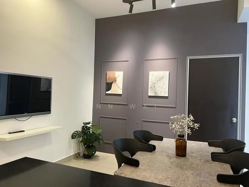 Dining features: grey accent wall, white painted walls, dining table with grey tablecloth, black dining chairs, wall-mounted TV, shelf under TV, decorative plant in pot, framed artwork on wall, recessed downlights; style: modern.