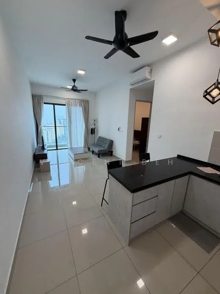 Living features: white painted walls, glossy tile flooring, 2 ceiling fans, floor-to-ceiling windows, sliding glass door, sheer curtains, sofa, coffee table, TV console, recessed downlights, pendant lighting, open kitchen layout with breakfast bar; style: modern; view: city. Kitchen features: black countertop, stainless-steel sink, built-in cabinetry, kitchen island, recessed downlights; style: modern.
