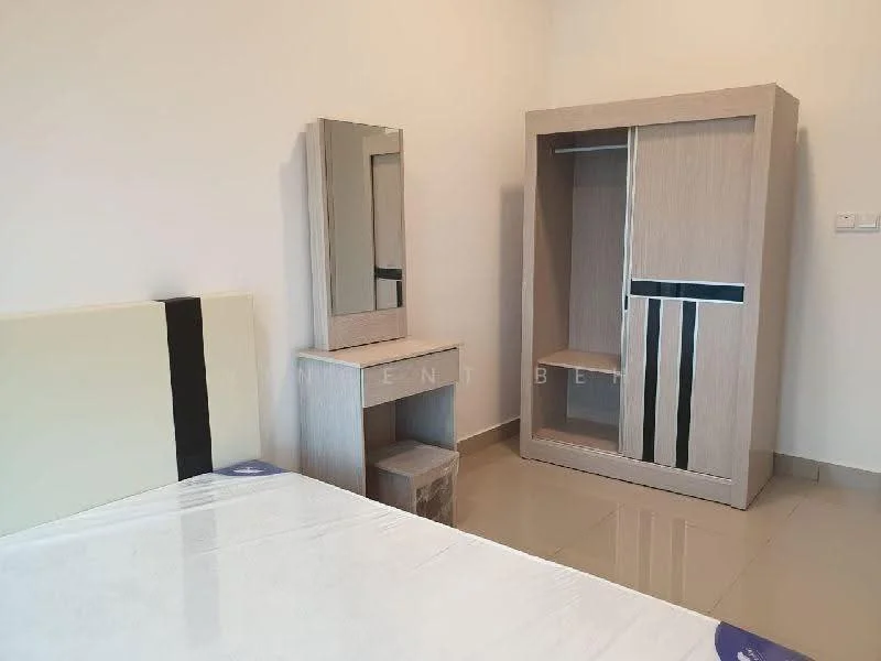 Bedroom features: queen-size bed, light-colored wooden wardrobe with sliding doors, wooden dressing table with mirror, cream painted walls, glossy tile flooring, natural light from window, minimalist decor; style: modern.
