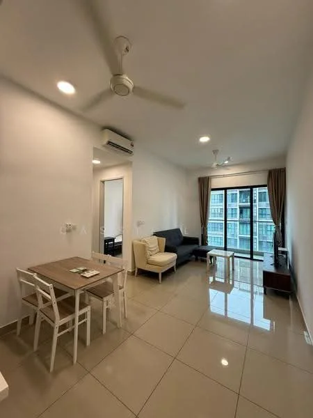 Living features: white painted walls, glossy ceramic tile flooring, 5-blade ceiling fan with light, recessed downlights, sofa in dark grey, armchair in cream, coffee table, TV console, wall-mounted TV, floor-to-ceiling windows with sheer curtains, dining table with 4 white chairs; style: modern; view: city.