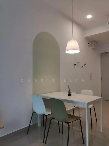Dining features: white dining table, 4 dining chairs in white and green, pendant light fixture, grey tiled flooring, white painted walls, arched wall feature, decorative plant on table, wall-mounted hooks; style: modern.