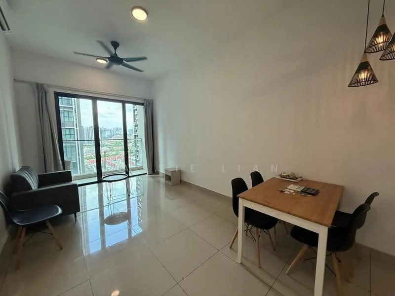 Living features: floor-to-ceiling windows, sliding glass door, grey fabric sofa, 2 black chairs, wooden dining table, 4 black dining chairs, white painted walls, recessed downlights, ceramic tile flooring, ceiling fan, decorative pendant lights; style: modern; view: city.