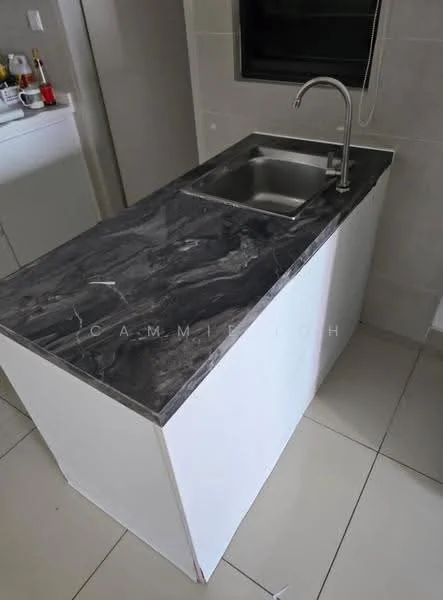 Kitchen features: single-bowl stainless-steel sink, chrome pull-down faucet, black marble countertop, white cabinetry, ceramic tile flooring, wall-mounted window, minimalist design; style: modern.