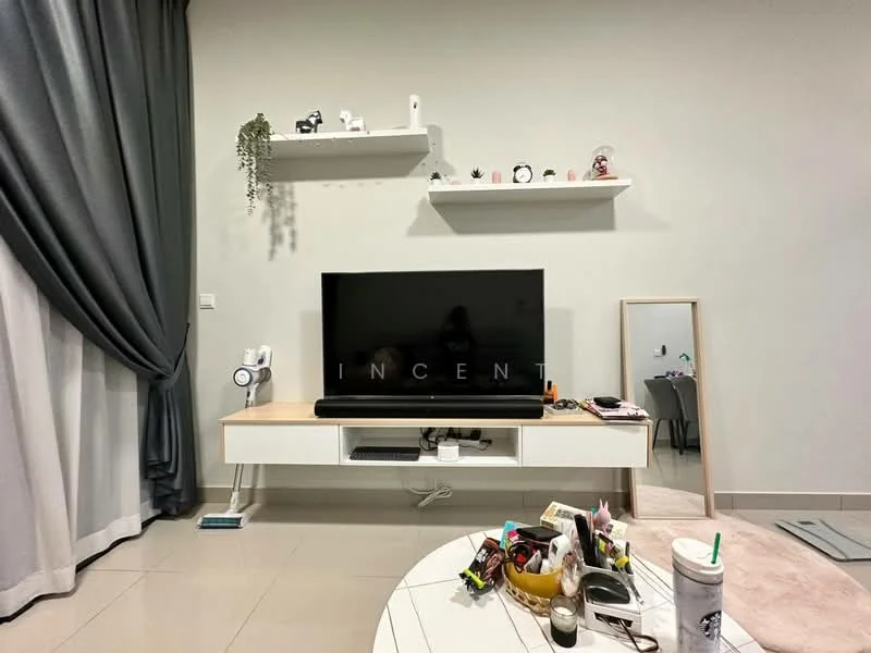 Living features: grey curtains, white painted walls, light-colored floor tiles, wall-mounted TV, TV console with storage, decorative shelf above TV, mirror on the floor, coffee table, various decorative items on table, houseplants, cup with lid, small storage items; style: modern.