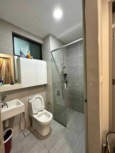 Bathroom features: white ceramic toilet, single-sink vanity with cabinet, chrome basin mixer faucet, glass shower enclosure, rain shower head, tile cladding on walls, grey tile flooring, mirror above vanity, built-in storage cabinet, window for natural light; style: modern.