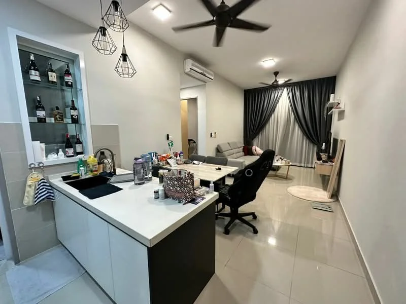Kitchen features: black countertop, single-bowl stainless-steel sink, chrome pull-down faucet, white cabinetry, open shelving, decorative bottles on shelf, kitchen appliances visible; style: modern. Living features: 3-seater fabric sofa in light grey, black office chair, area rug, floor-to-ceiling curtains, wall-mounted TV, recessed downlights, ceiling fan, decorative wall art; style: modern.