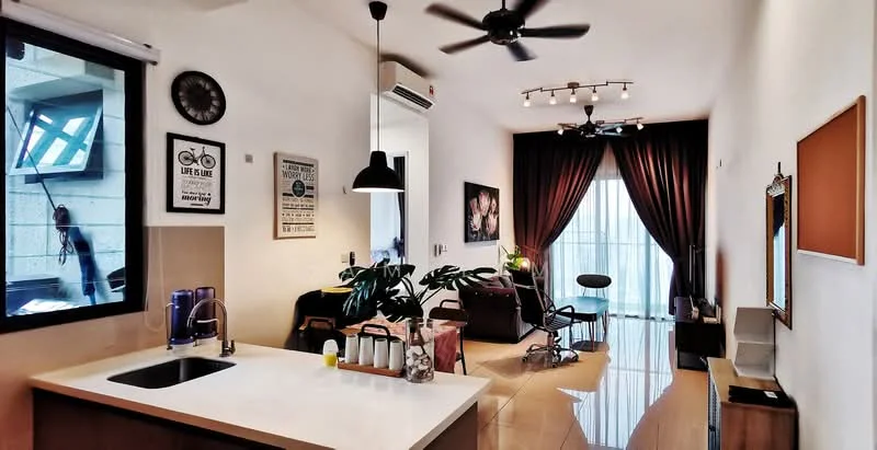 Living features: cream painted walls, glossy tile flooring, 5-blade ceiling fan with light, recessed LED downlights, floor-to-ceiling windows, sheer curtains, blackout curtains, wall-mounted TV, sofa in dark color, coffee table, decorative wall art, potted plants, dining table with chairs, kitchen island with sink, kitchen appliances visible; style: modern.