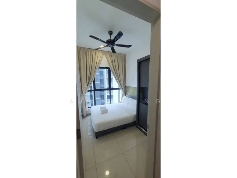 Bedroom features: queen-size bed, white bedding, 5-blade ceiling fan, floor-to-ceiling windows, sheer curtains, white painted walls, glossy tile flooring, built-in wardrobe; style: modern; view: city.