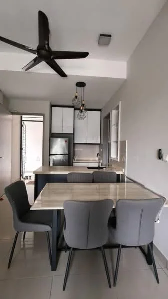 Dining features: 4-seater dining table, grey upholstered dining chairs, pendant lighting, ceiling fan with light, marble countertop, open kitchen layout, stainless-steel fridge, white cabinetry, grey wall, tile flooring; style: modern. Kitchen features: stainless-steel sink, chrome pull-down faucet, built-in oven, freestanding range oven, white upper cabinets, black lower cabinets, tile backsplash; style: modern.