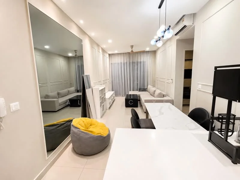 Living features: light grey sectional sofa, white marble dining table, black dining chairs, yellow bean bag, large wall mirror, recessed ceiling lights, curtains, built-in shelving unit, cream painted walls, tile flooring, air conditioning unit; style: modern.