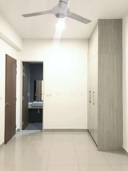 Room features: white painted walls, grey laminate cabinetry, floor-to-ceiling wardrobe, sliding doors, glossy tile flooring, 5-blade ceiling fan with light, doorway leading to bathroom, doorway leading to hallway; style: modern.