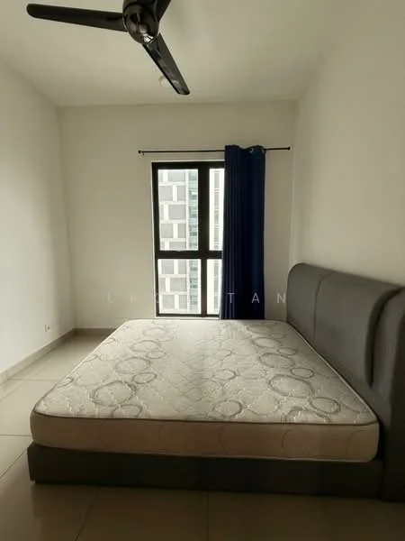 Bedroom features: queen-size bed, upholstered headboard, floor-to-ceiling window, blackout curtains, ceiling fan, light-colored walls, tile flooring, neutral color scheme; style: modern; view: city.