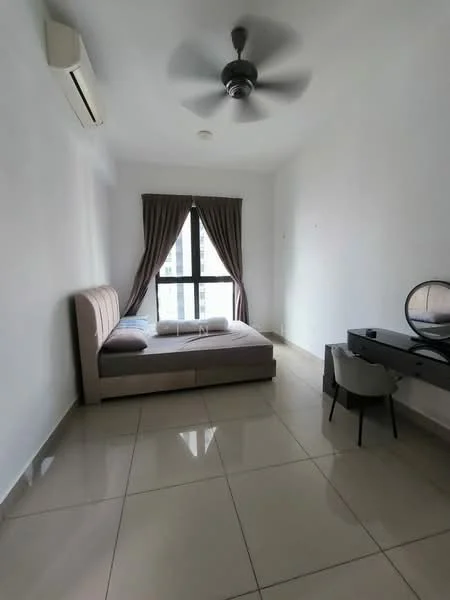 Bedroom features: queen-size bed, upholstered headboard, floor-to-ceiling window, sheer curtains, wall-mounted split AC, ceiling fan, tile flooring, light-colored walls, desk with mirror, chair; style: modern.