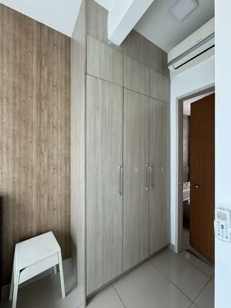 Room features: built-in wardrobe with sliding doors, light wood cabinetry, cream tiled flooring, wood panel accent wall, air conditioning unit, white walls, door leading to another room; style: modern.