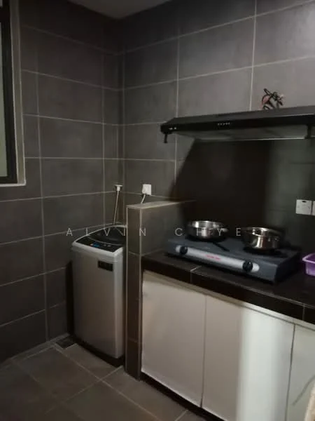Kitchen features: grey tiled walls, grey tiled flooring, stainless-steel washing machine, gas stove with two burners, black range hood, white cabinetry, countertop with storage, sink with faucet; style: modern.