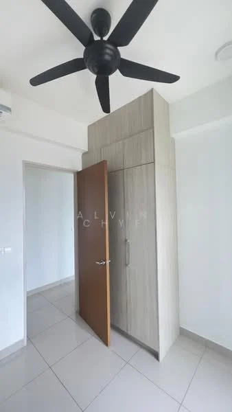 Room features: light grey tiled flooring, white painted walls, ceiling fan, built-in wardrobe with wood finish, door with wood finish, air conditioning unit, corner of room visible; style: modern.