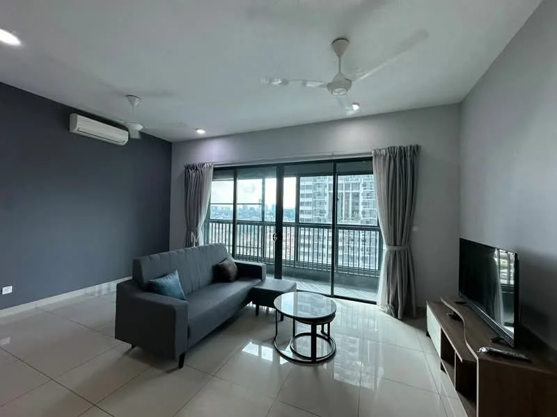 Living features: grey fabric sofa, coffee table, wall-mounted TV, TV console, floor-to-ceiling windows, curtains, 2-blade ceiling fan, wall-mounted split AC, glossy tile flooring, grey accent wall, light fixtures; style: modern; view: city.