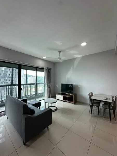 Living features: grey fabric sofa, coffee table, TV console, wall-mounted TV, ceiling fan, recessed downlights, floor-to-ceiling windows, sliding glass door, ceramic tile flooring, light grey painted walls, curtains, dining table with chairs; style: modern; view: city.