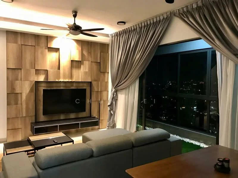 Living features: grey fabric sofa, wooden coffee table, wall-mounted TV, wood feature wall with geometric panels, recessed lighting, 5-blade ceiling fan, floor-to-ceiling windows, sheer curtains, dark curtains, decorative plants on window sill, area rug; style: modern; view: city.