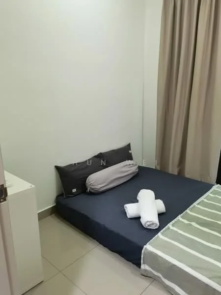 Bedroom features: single bed with dark bedding, grey throw pillow, white towels, cream curtains, white painted walls, tile flooring, nightstand, minimalist decor; style: modern.