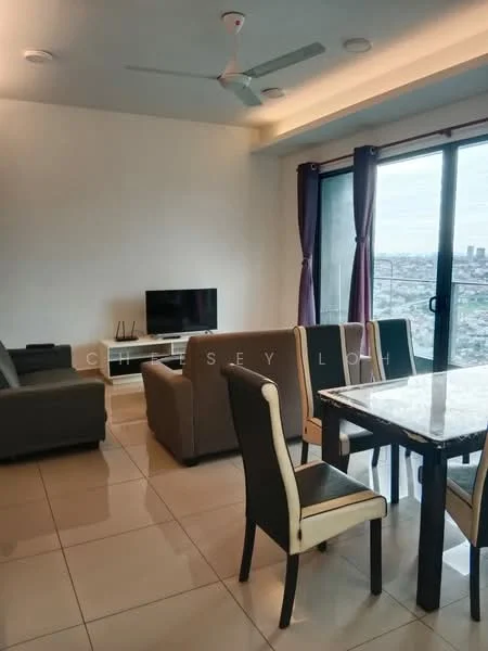 Living features: 3-seater fabric sofa in grey, 2-seater fabric sofa in dark grey, coffee table, wall-mounted TV, TV console, floor-to-ceiling windows, curtains in dark purple, ceiling fan, light-colored wall, glossy tile flooring; style: modern; view: city. Dining features: 4-seater dining table with marble top, upholstered dining chairs in black and cream, light-colored wall, glossy tile flooring; style: modern; view: city.