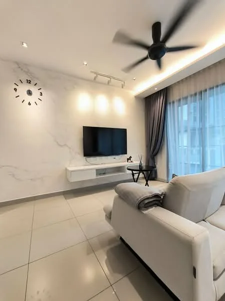 Living features: white marble accent wall, flat-screen TV mounted on wall, white TV console, light grey fabric sofa, black coffee table, 5-blade ceiling fan, recessed lighting, grey curtains, large windows with sheer curtains, tile flooring; style: modern.