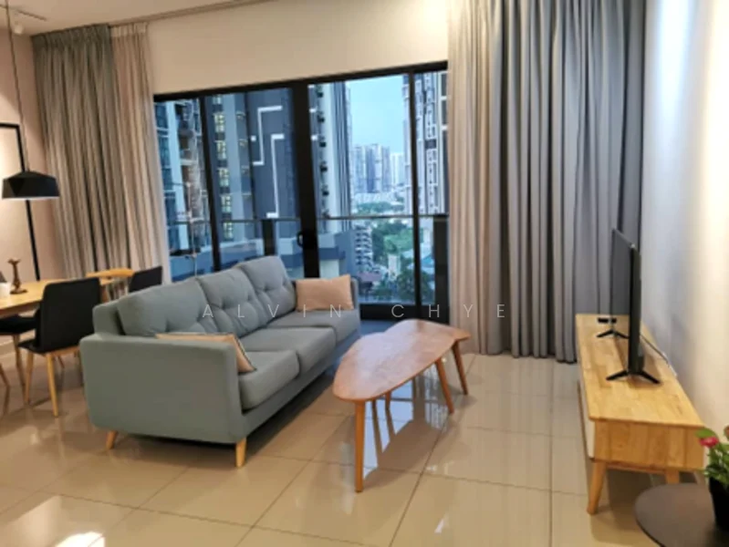 Living features: 3-seater fabric sofa in light blue, wooden coffee table, TV console in light wood, wall-mounted TV, floor-to-ceiling windows, sheer curtains, tile flooring, decorative wall art, light fixture hanging from ceiling, area rug; style: modern; view: city.