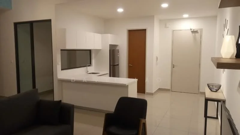 Kitchen features: white cabinetry, stainless-steel fridge, white countertop, single-bowl stainless-steel sink, chrome pull-down faucet, ceramic tile flooring, recessed downlights, open layout, kitchen island, wall-mounted cabinets; style: modern. Living features: black fabric sofa, area rug, wall-mounted TV, shelving unit, recessed downlights, ceramic tile flooring; style: modern.