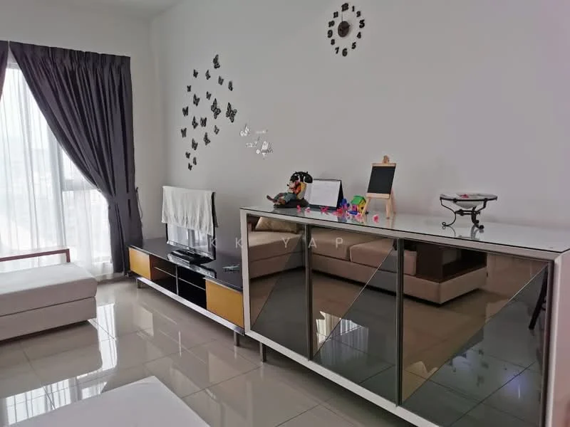 Living features: grey fabric sofa, white wall, large window with sheer curtains, flat-screen TV on console, black and white TV console with mirrored doors, decorative wall with butterfly decals, wooden coffee table, decorative items on console, glossy tile flooring, wall clock; style: modern; view: city.