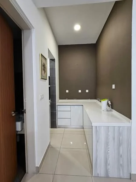 Laundry features: white cabinetry with drawers, grey laminate countertop, white porcelain sink, chrome faucet, grey tiled wall, white walls, recessed ceiling lights, large floor tiles, open doorway, wall-mounted electrical outlets; style: modern.