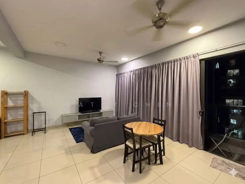 Living features: grey fabric sofa, wooden dining table, 2 dining chairs, floor-to-ceiling windows, grey curtains, wall-mounted TV, TV console, ceiling fan, tile flooring, light grey painted walls; style: modern; view: city.