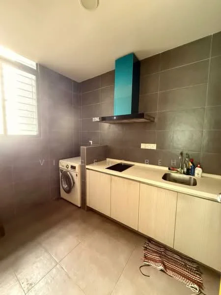 Kitchen features: grey tiled walls, light wood cabinetry, single-bowl stainless-steel sink, chrome pull-down faucet, built-in oven, washing machine, grey tiled flooring, extraction hood, window with horizontal bars, countertop space, decorative mat; style: modern.