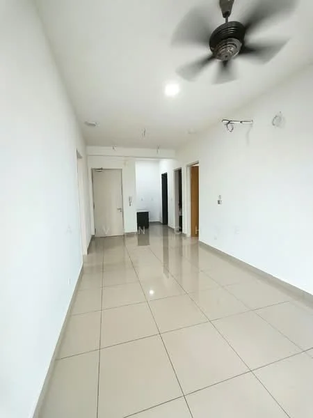 Room features: white painted walls, glossy beige tile flooring, 5-blade ceiling fan with light, recessed downlights, doorway to adjacent rooms, single door, double door, wall-mounted light fixture; style: modern.