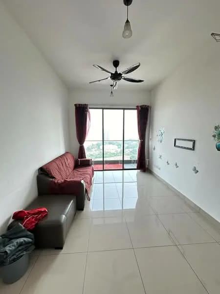 Living features: 3-seater fabric sofa in red, 2-seater leather sofa in brown, floor-to-ceiling windows, city view, white painted walls, glossy ceramic tile flooring, ceiling fan with light, red curtains, decorative wall art, wall-mounted mirror; style: modern; view: city.