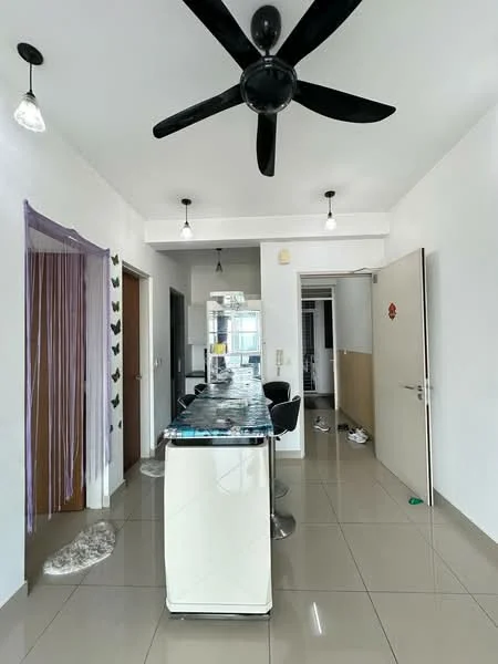 Kitchen features: white painted walls, glossy tile flooring, 5-blade ceiling fan with light, pendant lighting, kitchen island with bar stools, open layout, doorway leading to hallway, decorative curtain with butterfly pattern; style: modern.