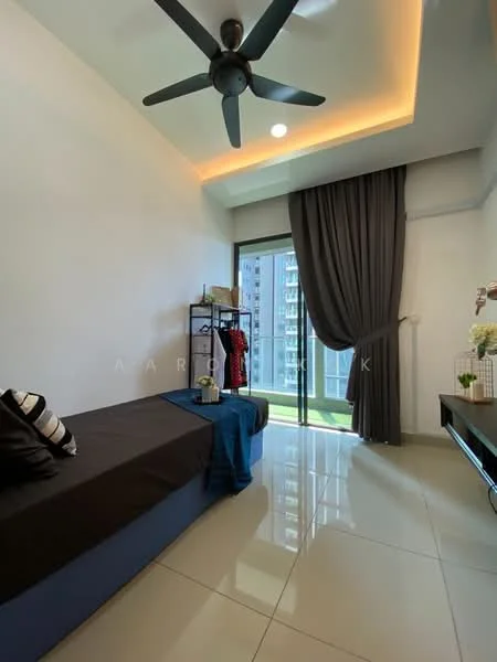Room features: grey painted walls, white ceiling with recessed lighting, 5-blade ceiling fan, floor-to-ceiling sliding glass door, dark curtains, light-colored floor tiles, shelf unit with decorative items, bed with dark bedding, TV console, decorative plants; style: modern; view: garden.